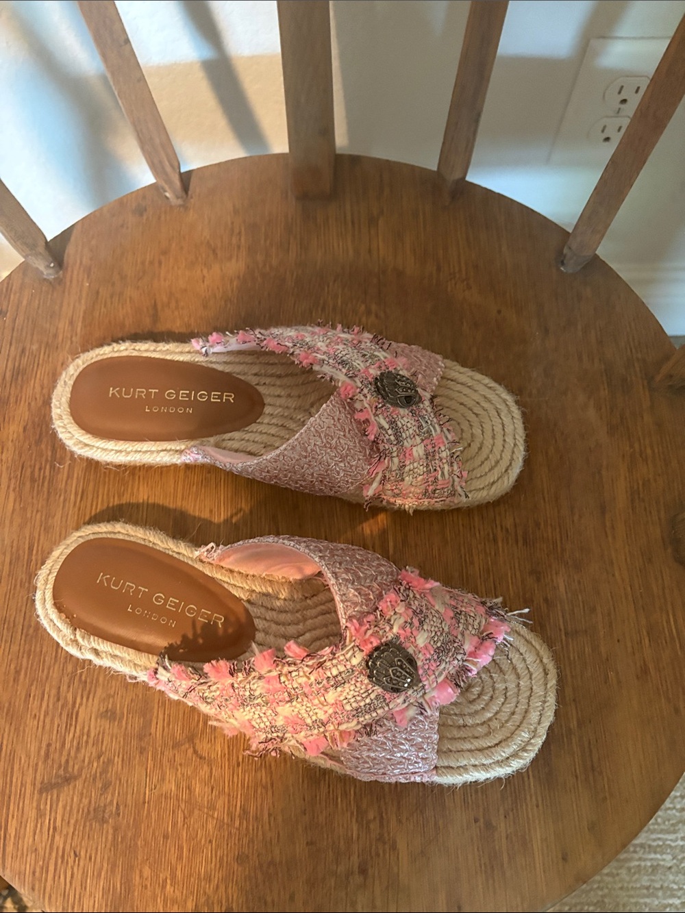 Kurt Geiger Pink Tweed Rope-Trim Slide Mules